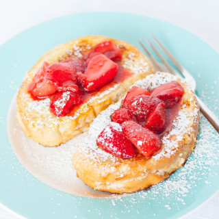 Banana Cream Cheese Stuffed French Toast with Strawberry Topping
