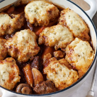 Beef and vegetable casserole with rosemary dumplings