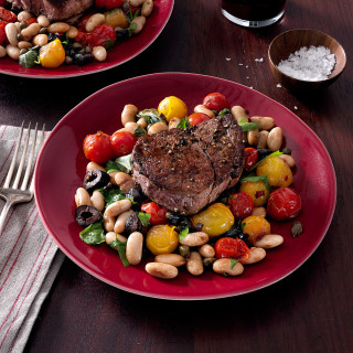 Beef Fillet with Puttanesca-Style Burst Tomatoes &amp; White Beans