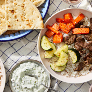 Beef Shawarma Bowls with Harissa-Glazed Carrots &amp; Tzatziki Sauce