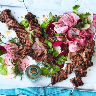 Beef skewers beetroot radish grain salad Hayden Quinn