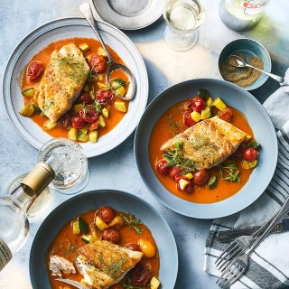 Black Bass with Sautéed Vegetables and Cioppino Jus