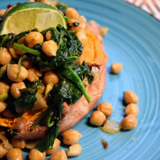 Braised Coconut Spinach and Chickpeas  with lemon over Sweet Potato