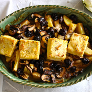 Braised Tofu with Potatoes, Cremini Mushrooms and Dried Cherries