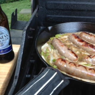 Bratwurst cooked in Beer, Butter and Onions