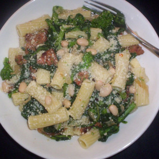 Broccoli Rabe, Spicy Italian Sausage and Beans over Pasta