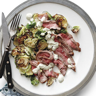 Broiled Steak and Brussels Sprouts with Blue Cheese Sauce
