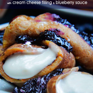 Brown Sugar Carrot Cake Crepes with Cream Cheese Filling and Blueberry Sauc