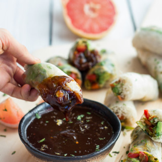 Brussels Sprout + Avocado Winter Rolls with Grapefruit Hoisin Dipping Sauce
