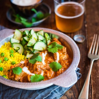 Butter chicken with turmeric pea rice and cucumber mint salad
