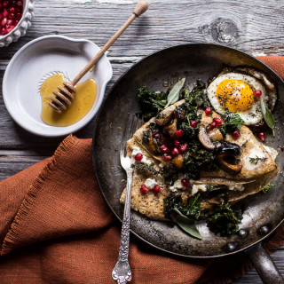 Buttered Hazelnut Crepes with Caramelized Wild Mushrooms, Kale and Pomegran