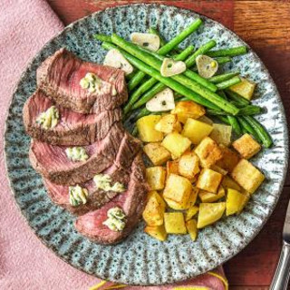 Buttered-Up Steak with Roasted Potatoes and Garlicky Green Beans