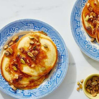 Buttermilk-Cornmeal Pancakes with Maple-Fig Syrup &amp; Pistachios