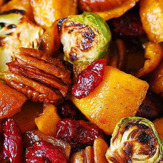 Butternut Squash Salad with Roasted Brussels sprouts, Pecans, and Cranberri
