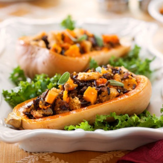 Butternut Squash With Whole Wheat, Wild Rice, and Onion Stuffing
