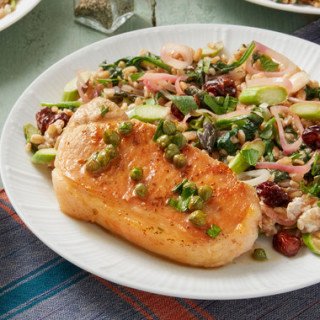 Caper-Butter Pork Chops and Farro Saladwith Asparagus, Dried Cherries, and 