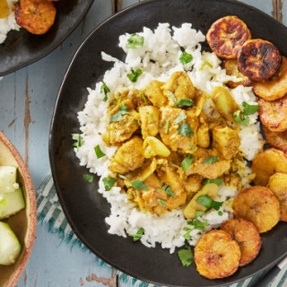 Caribbean Chicken Curry with Roasted Plantain &amp; Coconut Rice