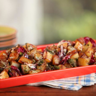 Cast-Iron Home Fries with Roasted Green Chiles, Cilantro, Green Onions, Rad