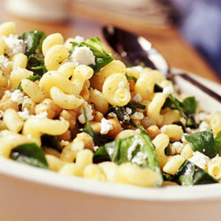Cavatappi with Spinach, Garbanzo beans, and feta