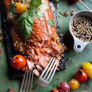 Cedar Plank Grilled Sesame Salmon with Kimchi Miso Butter & Grilled Tomato