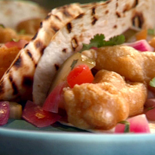 Cerveza-Battered Fish Tacos with Quick-Pickled Onion and Cucumber