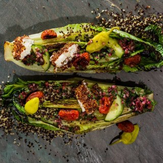 Charred Romaine Greek Salad With Quinoa-Crusted Feta