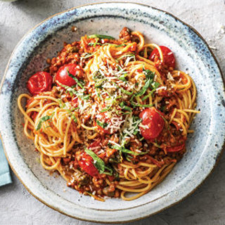 Cheat's Lentil & Cherry Tomato Bolognese with Flaked Parmesan Cheese