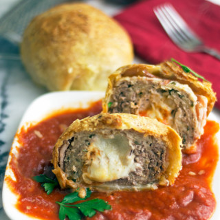 Cheese Stuffed Meatballs Wrapped in Bacon and Pastry Dough