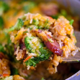 Cheesy Kielbasa, Rice and Broccoli Skillet