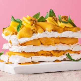 Chewy meringue and mango sorbet cake