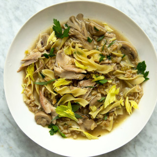 Chicken-Barley  Soup with Herbs and  Egg Noodles