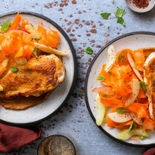 Chicken breasts and muhammara with apple-celery salad