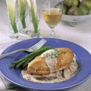 Chicken Breasts Roasted with Bacon and Pears In Mustard Cream Sauce