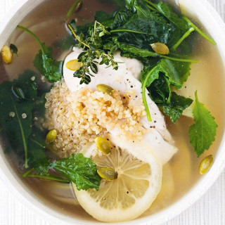Chicken broth with kale, quinoa and preserved lemon
