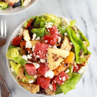 Chicken Gyro Salad with Home Pita Chips, Watermelon and Feta