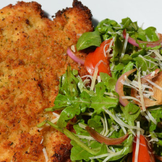 Chicken Milanese and Arugula Salad with Balsamic-Marinated Red Onions