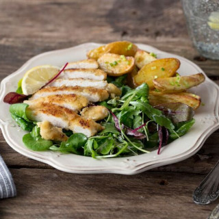 Chicken Milanese with Crispy Potatoes, Mixed Greens, and Creamy Lemon-Chive