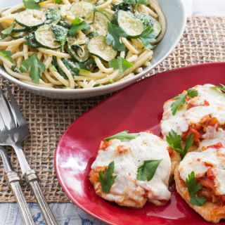 Chicken Parmesanwith Fresh Mozzarella and Spinach-Zucchini Pasta