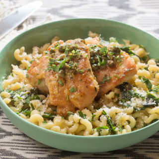 Chicken Piccatawith Fusilli Pasta and Garlic Chives