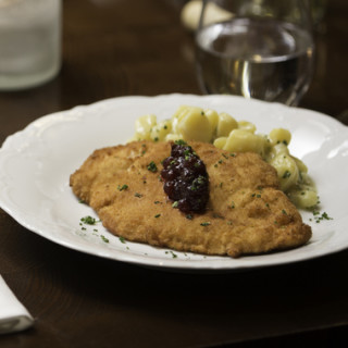 Chicken Schnitzelwith Fingerling Potato Salad and Lingonberry Jam