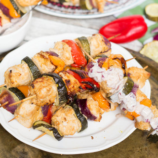 Chicken Shish Kabobs with Yogurt and Red Onion Dip