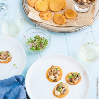Chickpea Blini with Hummus and Mushrooms
