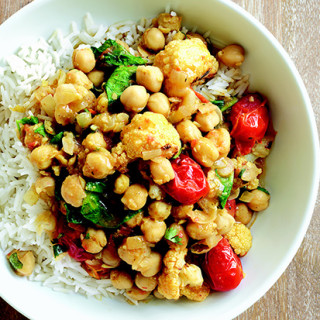 Chickpea Curry with Roasted Cauliflower and Tomatoes