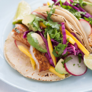 Chili-Dusted Fish Tacos with Pickled Red Cabbage, Mango and Avocado