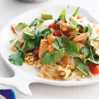 Chilli salmon noodle salad with lime and herbs