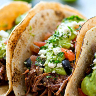 Chipotle Pulled Beef Tacos with Greek Salsa + Avocado Crema