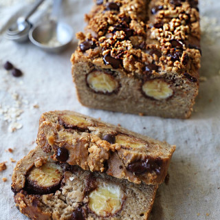 Chocolate banana bread with peanut butter crumbles