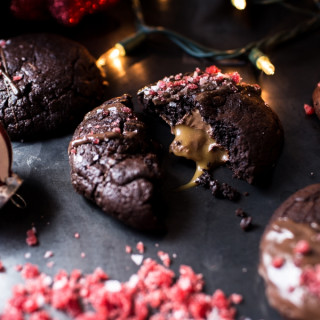 Chocolate Hazelnut  & Caramel Stuffed Brownie Cookies w/ Pomegranate Sugar