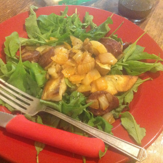 Chorizo and roasted potato arugula salad