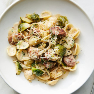 Choucroute Orecchiette With Brussels Sprouts and Bratwurst